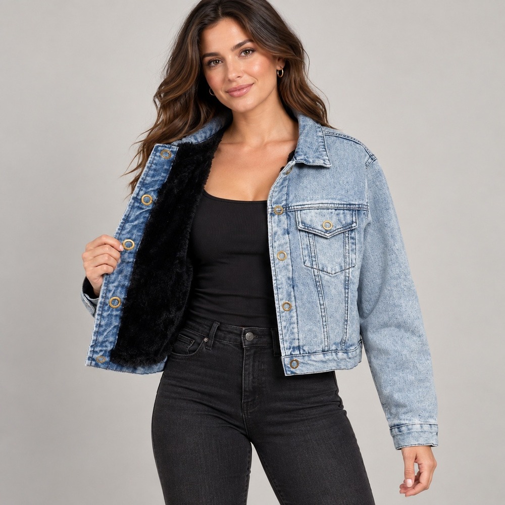 AVA & KRIS Light Wash Denim Jacket Black Faux Fur Lined Cropped NWOT M/L Grunge